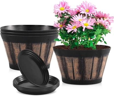 Famanu - Set van 4 plastic whiskyvat bloempotten 20 cm bruin