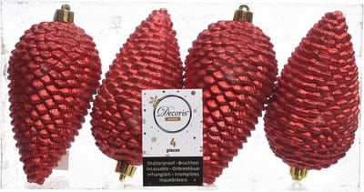 4x Kerst rode dennenappels kerstballen 12 cm - Glitter - Onbreekbare plastic kerstballen - Kerstboomversiering kerst rood