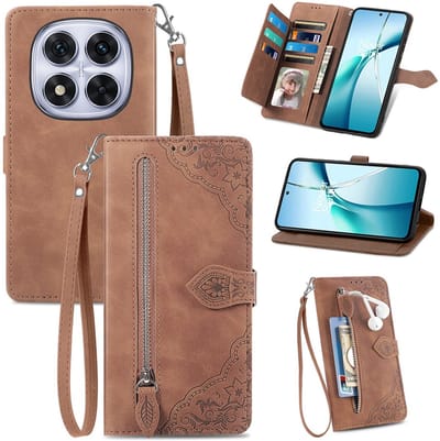 Telefoonhoesje geschikt voor Xiaomi Poco M8 Pro 5G / Redmi Note 15 Pro+ 5G - Portemonnee met rits - book-case hoesje - ruimte voor 7 pasjes - mandala bloemen bruin - Redmi Note 15 Pro plus