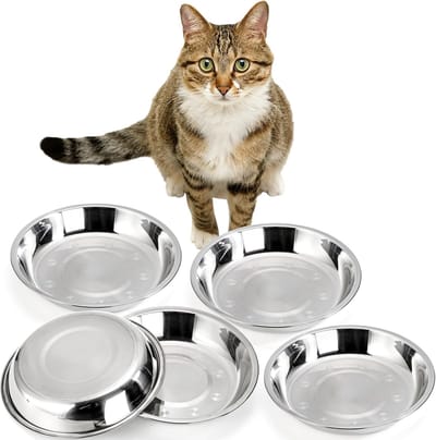 Set van 5 roestvrijstalen kattenkommen, 19,6 cm metalen kattenvoer en waterschotel, 16 ml, basisvoerbak voor kitten, puppy, brede ondiepe vervangende komplaat voor hond, verhoogde standaard,