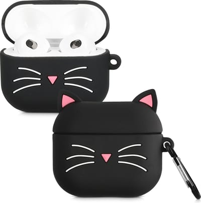 kwmobile Hoes geschikt voor Apple AirPods 3 - Siliconen cover voor oordopjes in zwart / wit - Kat design