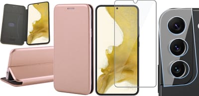 Hoesje geschikt voor Samsung Galaxy S22 Plus - Book Case Kunstlederen Wallet Cover Minimalistisch Pasjeshouder Hoes Roségoud - Tempered Glass Screenprotector - Camera Lens Protector