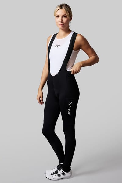 Acelera Intermediate Fietsbroek Lang Dames met Zeem en Bretels - Thermo Lange Wielerbroek - Fietsbroek Lang - Zwart - Maat S