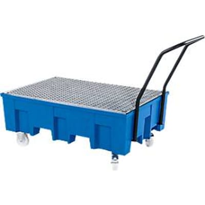 Lekbak PE, verrijdbaar, voor 2 x 200 l vaten, met gegalvaniseerd rooster