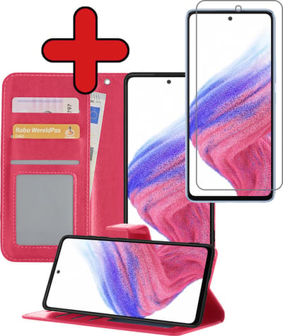 Hoesje - Met Screenprotector - Geschikt voor Samsung Galaxy A53 - Luxe Pasjeshouder - Flipcase - Bookcase Portemonee - Flip Case - Kunstleer Book Case - Book Cover - Walletcase - Portemonneehoes - Telefoonhoes - Donkerroze