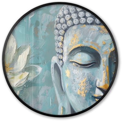 Poster in lijst Rond - Fotolijst 60x60 cm - Posters - Boeddha - Bloem - Lotus - Goud - Blauw - Ronde posterlijst zwart - Decoratie - Wanddecoratie woonkamer - Muurdecoratie slaapkamer
