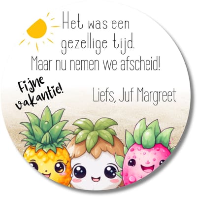 Stickervel juf – 20 zomerse stickers – fijne vakantie – gepersonaliseerd
