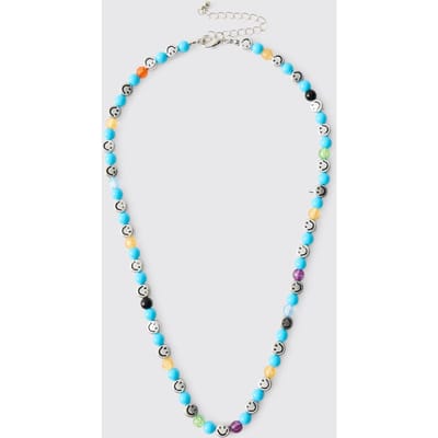 Blue Beaded Necklace with Silver Smiley Face Charms