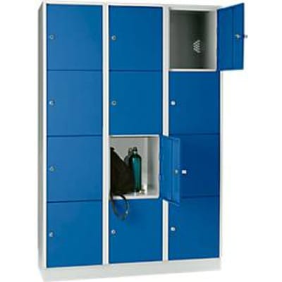 Vakkenkast 400 mm, 3 afdelingen, 12 vakken, veiligheidscilinderslot, sokkel, gentiaanblauw