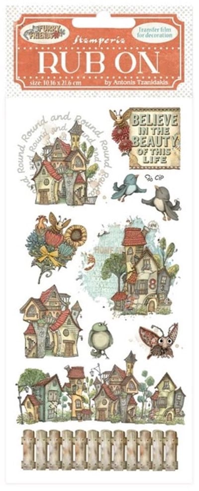 Stamperia - Furry Friends Rub-On 4x8,5 Inch Houses (DFLRB199)