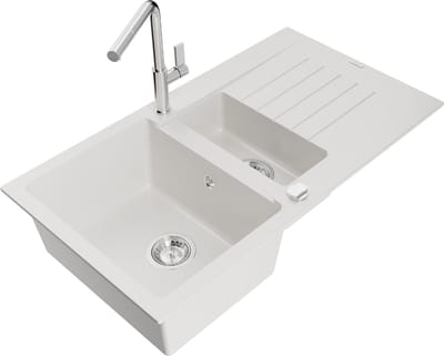 Mexen Matias granieten spoelbak 1,5-kamer met afdruiprek en keukenkraan Flora, wit - 6502-20-670401-00