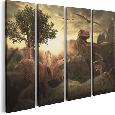 Artaza Canvas Schilderij Vierluik Dinosauriërs in de Natuur - Dino's  - 80x60 - Foto Op Canvas - Canvas Print