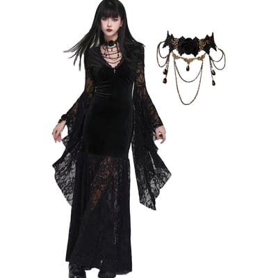 Robe Gothique KALAOK, Noire, Femme, Dentelle, Style Sorcière, Style Harajuku, Style Gal, Costume de Cosplay, Costume de Scène, Taille D, S black