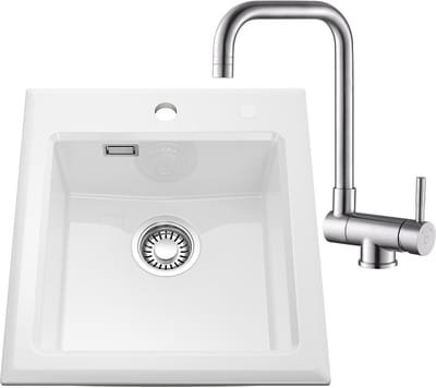 CECIPA Max Spoelbak Wit 45x50CM - Keramische Spoelbakken Keuken - Enkele Spoelbak Met Voorraam keukenkraan - Spoelbakken Incl. Sifon en Afvoerzeefje
