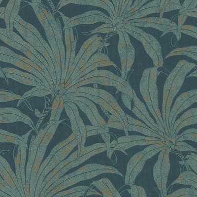 Natuur behang Profhome 395016-GU vliesbehang gestructureerd in jungle stijl glanzend turkoois goud blauw 5,33 m2