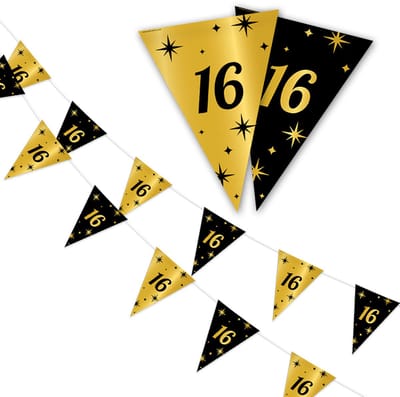 LUQ - 16 Jaar - Slinger - Leeftijd - Versiering - Verjaardag - decoratie - Feest - Hangdecoratie - Goud/Zwart