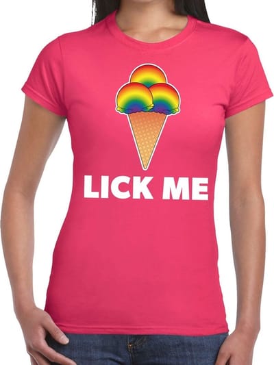 Gay pride lick me t-shirt roze met tekst en regenboog ijsbolletjes voor dames - lgbt kleding S