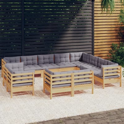 vidaXL - 12-delige - Loungeset - met - grijze - kussens - massief - grenenhout