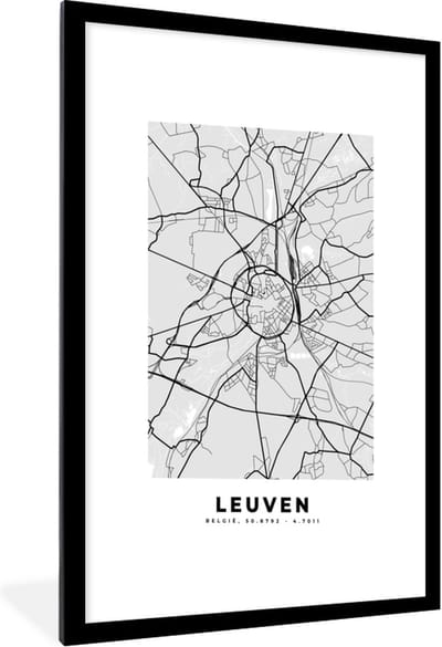 Fotolijst incl. Poster Zwart Wit- Zwart Wit – België – Plattegrond – Stadskaart – Kaart – Leuven - 60x90 cm - Posterlijst