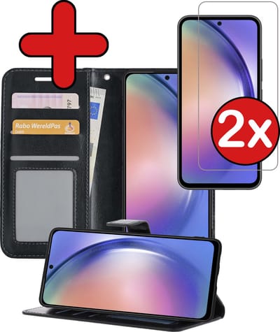 Hoesje - Met 2x Screenprotector - Geschikt voor Samsung Galaxy A54 - Luxe Pasjeshouder - Flip Case - Bookcase Portemonee - Kunstleer Book Case - Flipcase Hoes - Book Cover - Walletcase - Portemonneehoes - Telefoonhoes - Zwart
