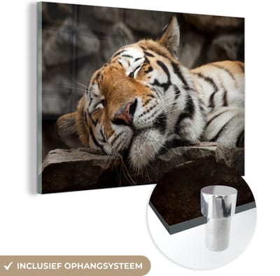 MuchoWow® Glasschilderij 60x40 cm - Schilderij acrylglas - Tijger - Rusten - Rotsen - Foto op glas - Schilderijen