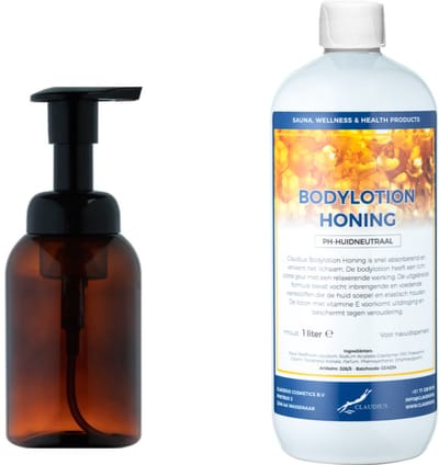 Zeepdispenser 300 ml amber bruin hervulbaar + 1 liter Bodylotion Honing navulling