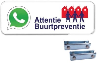 Buurtpreventie Whatsapp - Weerbestendig Aluminium - 40x15 cm - Bevestiging: Met hekbeugels (voor spijlen- of gaashek)