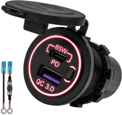 ProRide 12-24V USB/USB C Autolader 2 Poorten Inbouw - 65W QC3.0 - Snellader - Rood - Met Aansluitkabel