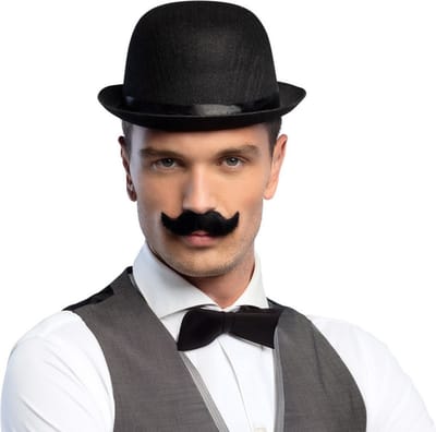 Fiestas Gentleman/Aristocraat verkleedkleding 3 delige set - Engelse bolhoed - vlinderstrikje - plaksnor - zwart - voor heren