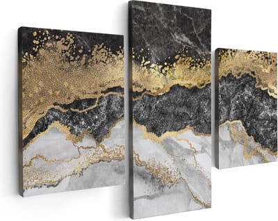 Artaza Canvas Schilderij Drieluik Abstracte Kunst - Zwart met Witte Marmer - 90x60 cm - Wanddecoratie Woonkamer - Schilderijen - Muurdecoratie