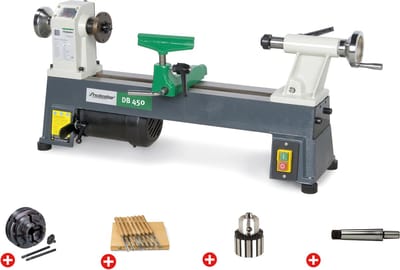 Pack houtdraaibank 254x450mm + klauwplaat 4 bekken dia. 100mm + 8 dlg draaibeitels + boorkop + boorkopstaart Holzstar DB450 PACK