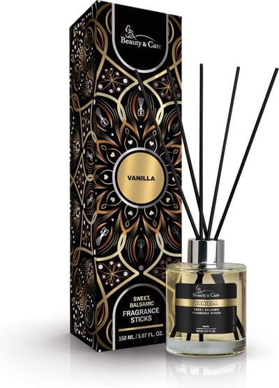 Beauty&Care® Vanille geurstokjes - 150 ml. sierfles met 10 stokjes in cadeaudoos - heerlijke, zoete Vanille geur - maar 1 keer in de vijf weken vervangen - navulbaar met refill geurstokjes fles