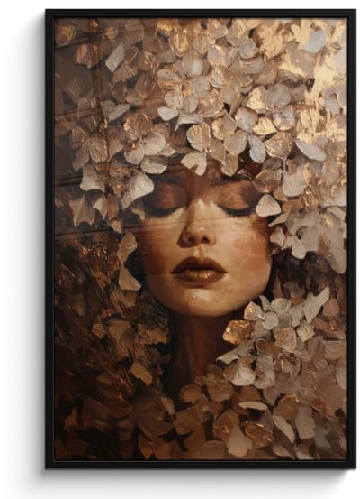 Poster in lijst - Fotolijst 80x120 cm - Posters - Gezicht - Vrouwe - Bladeren - Penseelstreken - Posterlijst zwart - Decoratie - Wanddecoratie woonkamer - Muurdecoratie slaapkamer