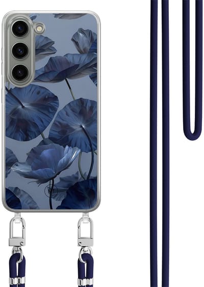 Hoesje met koord geschikt voor Samsung Galaxy S23 - Dusky blooms - Inclusief Donkerblauw koord - Crossbody beschermhoes - Transparant, Paars - Mooie Telefoonhoesjes
