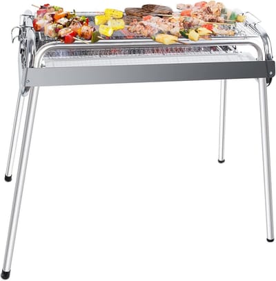 Uten bbq houtskool - barbecue houtskool - Houtskoolbarbecues - XL - Verstelbare hoogte - Camping barbecues- Barbeque - Grilloppervlak (L x B) 60 x 26 cm - RVS