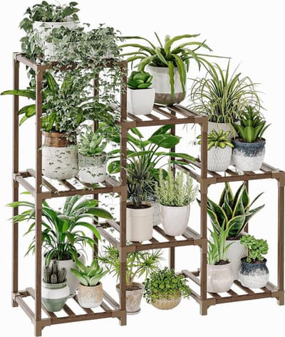 Sierra, Plantenstandaards voor kamerplanten, hout buiten gelaagde plantenplank voor meerdere planten, 3 banden 7 ingemaakte ladder plantenhouder tafelplantenpot standaard voor raam tuin balkon patio