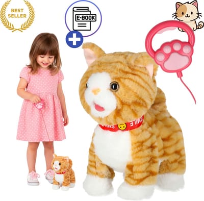 Ikonka Interactieve Wandelende Kat Met Lijn – Miauwende Zingende Pluche Kitty Die Loopt, Hoofd Beweegt, Staart Wiebelt En Tong Uitsteekt – Educatief Speelgoed 3+ Voor Rollenspel, Motoriek, Empathie En Taalontwikkeling Extra Leuk Speel Nu Met Ebook