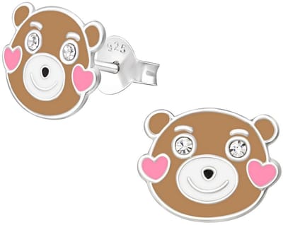 Joy|S - Zilveren beer oorbellen met roze hartjes - 10 x 8 mm - kristal - kinderoorbellen