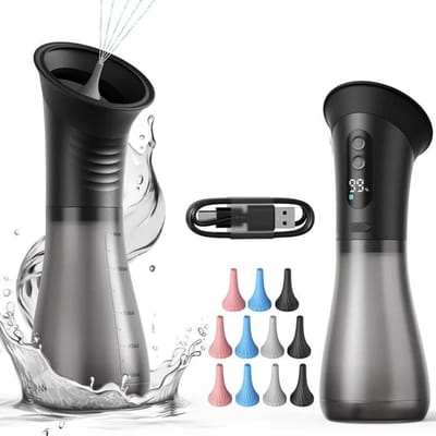 Oplaadbare oorreiniger met twee reservoirs, IPX7 waterdicht, Geschikt voor volwassenen, inclusief 12 oordopjes en 3 standen.