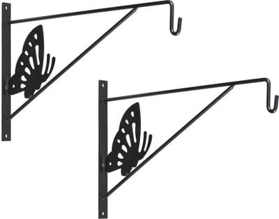 Nature Muurhaak / plantenhaak - 2x - antraciet - met vlinder - geplastificeerd verzinkt staal - 24 x 35 cm - hanging basket haak