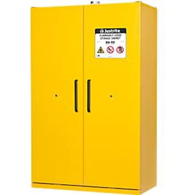 Justrite veiligheidskast EN 90, lekbak, 3 legborden, 2 deuren, H 2070 x B 1200 x D 600 mm, geel