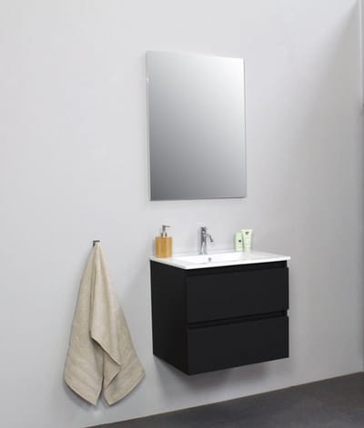 Basic Bella Badkamermeubelset - 60x55x46cm - 1 wasbak - Keramiek - Wit - 1 kraangat - Wandspiegel zonder verlichting - Melamine Zwart mat