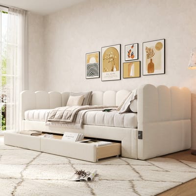 Wishdor Slaapbank - 90 x 200 cm - Uitschuifbaar tot 180 x 200 cm - 2 Opberglades - USB en Type-C - Linnen - Beige - Flexibel en Stijlvol