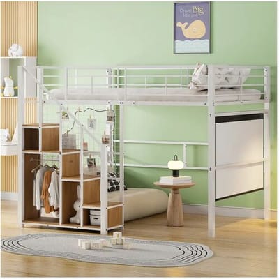 Merax Mezzaninebed 140 x 200 cm met opbergkast en veiligheidstrap - metaal en hout - wit