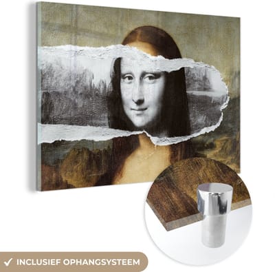 MuchoWow® Glasschilderij 60x40 cm - Schilderij acrylglas - Mona Lisa - Zwart - Wit - Da Vinci - Foto op glas - Schilderijen