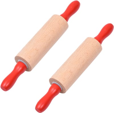2-delige set - Deegroller met rode handgreep - Mini deegroller - Houten bakgereedschap - Ongeverfd - Natuurlijke houtkleur