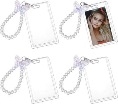 4 Sets Duidelijke Acryl Fotokaarthouder met Kralen Sleutelhanger, 105x65mm Acryl Sleutelhanger en ID Kaart Bescherming, Foto Display en Badge Houder