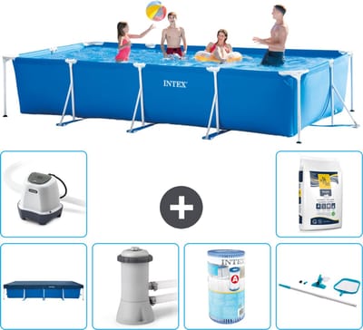 Intex Rechthoekig Frame Zwembad - 450 x 220 x 84 cm - Blauw - Inclusief Afdekzeil - Zwembadfilterpomp - Filter - Schoonmaakset - Zoutwatersysteem - Zwembadzout - 7-delig