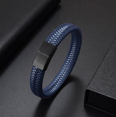 TVR-Wares® | Leren armband gevlochten | Blauw | Schuifsluiting | Maat L | 21cm
