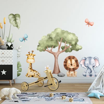 Muurstickers - Aquarel Jungle Dieren - Zelfklevende Stickers - 100x150cm